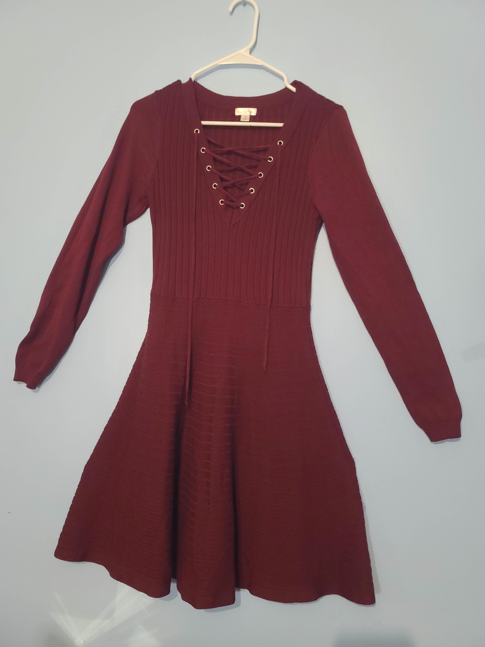 Xhilaration Lace-Up Ribbed Fit & Flare Long Sleeve Dress in Burgundy
